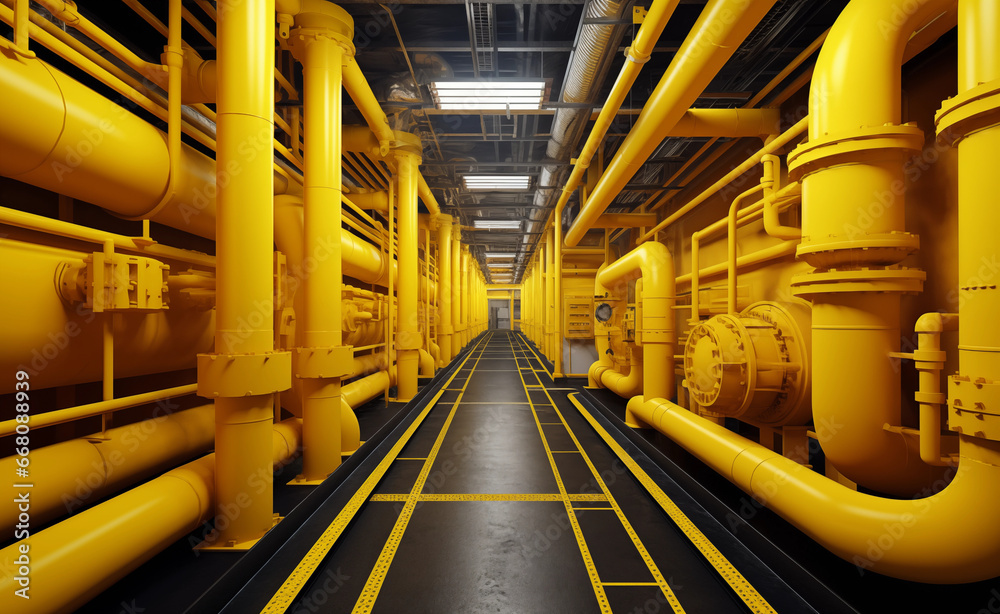 Empty industrial corridor, where a vibrant yellow pipeline. Empty industrial corridor, where a vibrant yellow pipeline.