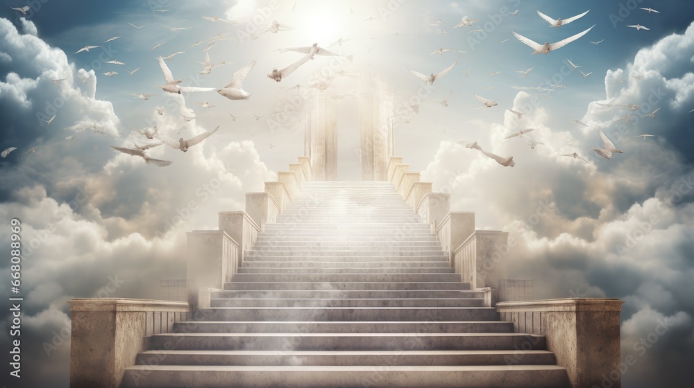Stairs of clouds going up to the sky with light in the background and cross with white doves flying around - obrazy, fototapety, plakaty 
