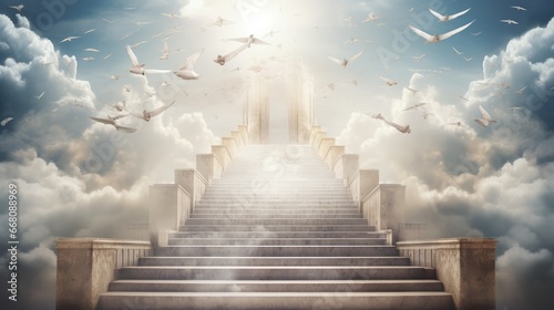 Fotografie, Tablou Stairs of clouds going up to the sky with light in the background and cross with