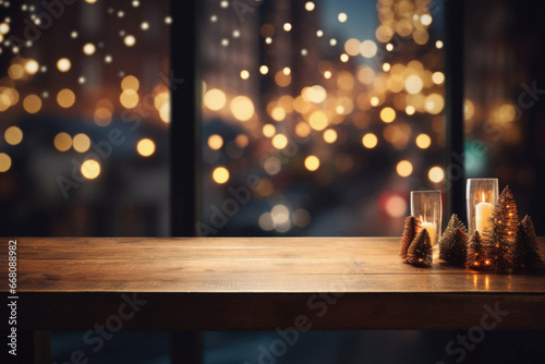 Empty wooden table and christmas tree with bokeh lights background.