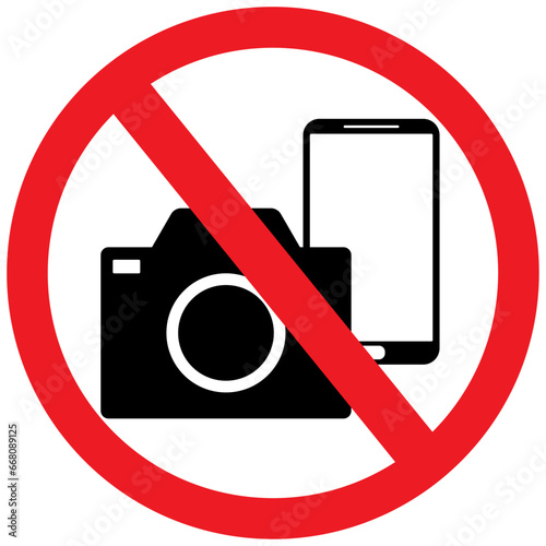 No cameras, no mobile phones allowed sign icon, no photography or video, prohibition sign in red color symbol. Crossed out circle illustration, no taking pictures or video graphic design.