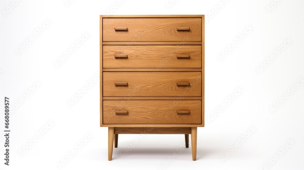 Wood dresser with mirror made of solid American oak and featuring four drawers isolated on white Wood dresser with mirror made of solid American oak and featuring four drawers isolated on white