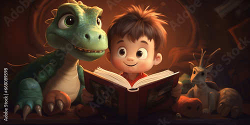  boy reading a book next to a dragon Fireside Fantasia  Boy and Dragon Unite in Stories. AI Generative