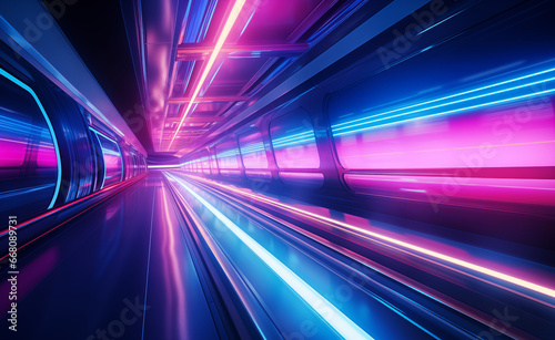 Fast underground subway train racing through the tunnels. Neon pink and blue light.