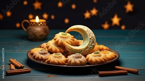 Traditional Arabic treats and decorations for Eid and Ramadan including assorted cookies awameh and dallah photo