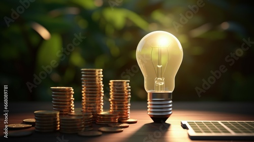 Symbols representing green energy on stacks of coins like an energy efficient light bulb battery solar panel and wind turbine demonstrate the financial concept of renewable or clean energy cost