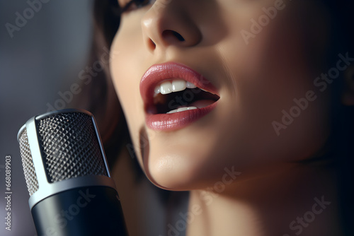Close-up von Lippen einer jungen Frau, die in ein Mikrofon singt, erstellt mit generativer KI