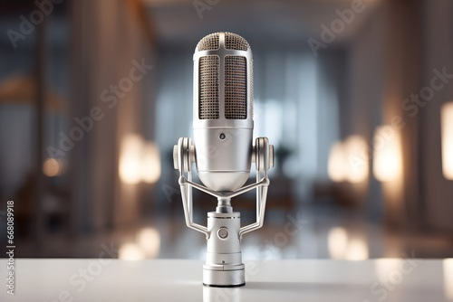 Studiomikrofon vor unscharfem Hintergrund, Podcast und Radioproduktion, erstellt mit generativer KI