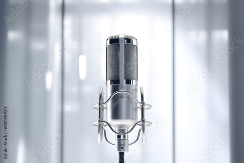 Studiomikrofon vor unscharfem Hintergrund, Podcast und Radioproduktion, erstellt mit generativer KI