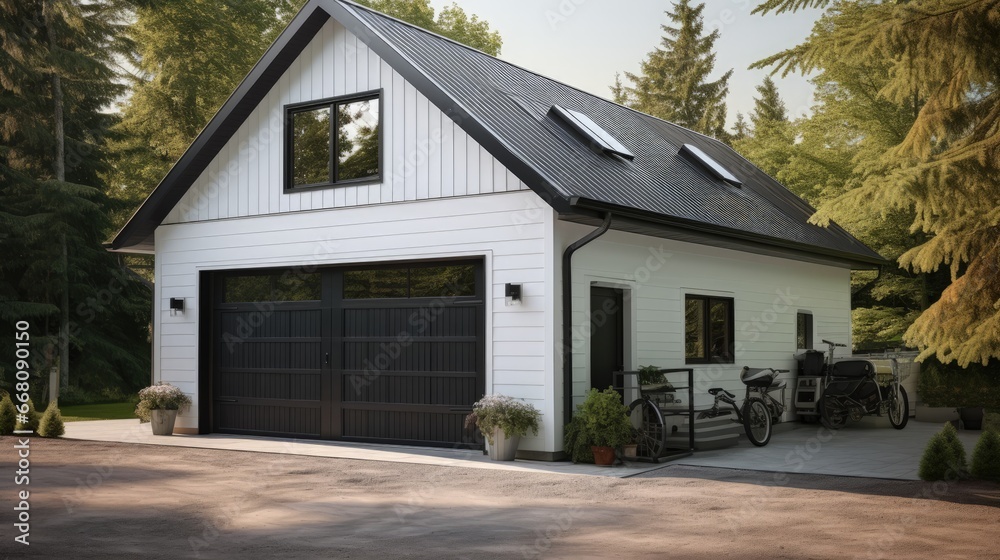 White double garage with a pitched roof and black retractable metal door