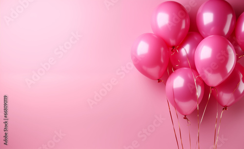 Pink balloons bunch on a pink wall background with copy space.