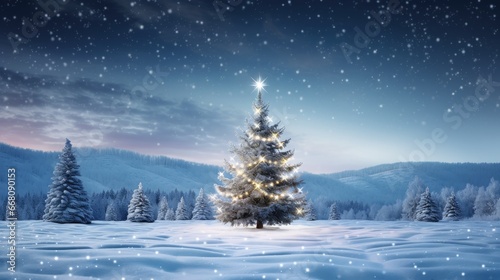 Snowy landscape with lit Christmas tree ideal for holiday greeting card
