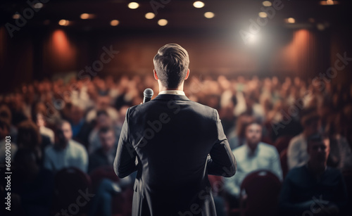 Rear view of motivational speaker standing on stage in front of audience for motivation speech.