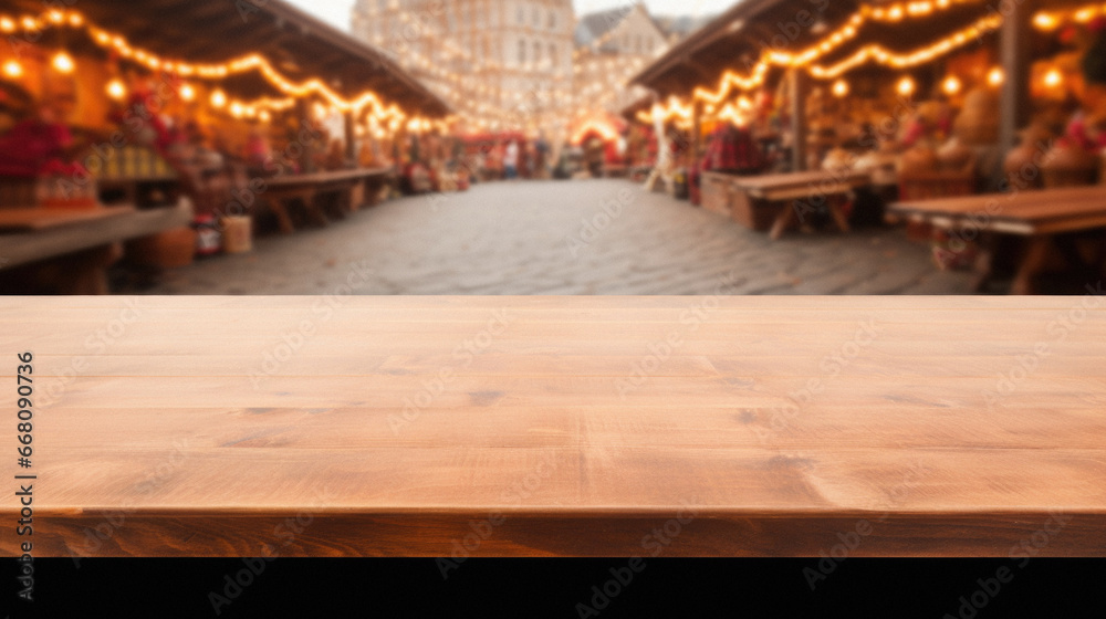 Empty wooden table over blur background of christmas market, product display mockup.