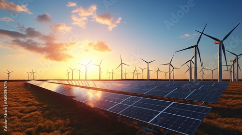 Renewable energy devices beneath a golden sunset