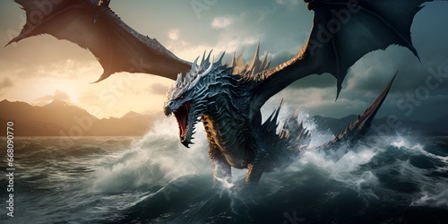 a dragon that is riding a wave in the ocean, Mythical Creature: Dragon Conquering the Waves © muhammad