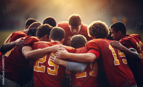 Unity and teamwork within a high school football team as the teenage boys come together. photo