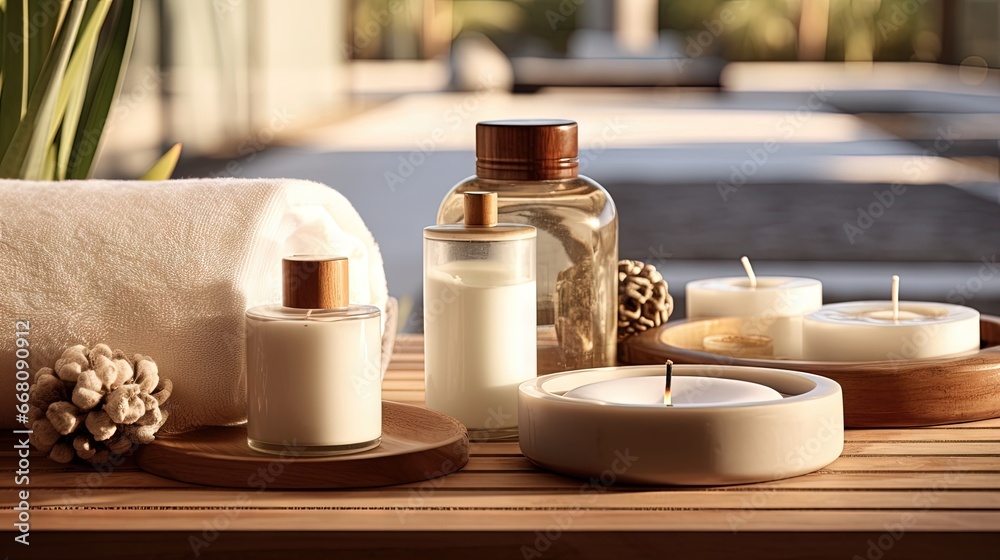 Spa accessories on table spa in background Spa accessories on table spa in background