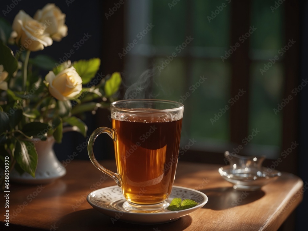 black tea on table on nature Gererative ai black tea on table on nature Gererative ai