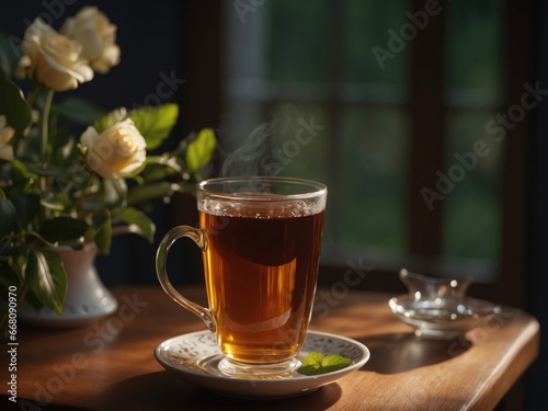 black tea on table on nature Gererative ai