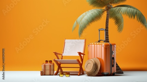 Summer travel concept with beach essentials isolated on an orange background