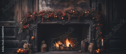 Fireplace with burning candles and Christmas wreath in the dark room.