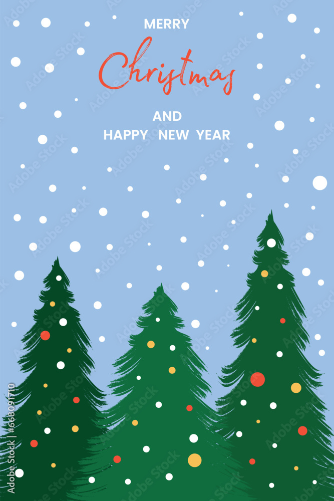 Holiday card Merry Christmas and Happy New Year. Congratulatory inscription on the New Year holidays on the background of Christmas trees. Vector.