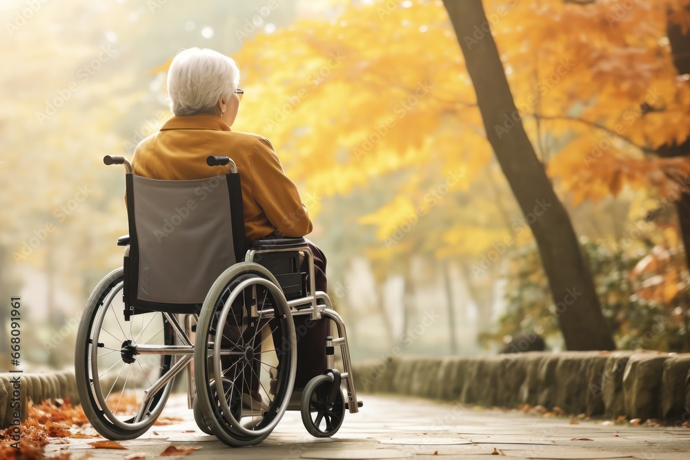 Back view of an elder woman in a wheelchair enjoying the autumnal city park. No one can take away the love of life from me. The breath of wind in an autumn park inspires me.