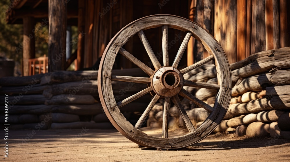 Western style amusement park in Lombardy Italy featuring an old wooden carriage wheel door Western style amusement park in Lombardy Italy featuring an old wooden carriage wheel door