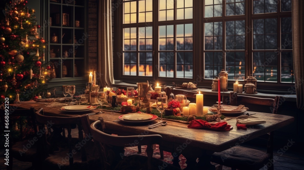 Retro styled country house with large windows hosting Christmas dinner on a square wooden table Evening shooting celebrating New Year with friends and family in low light