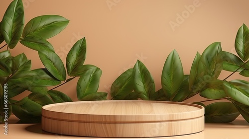 Wooden podium with leaf sha...