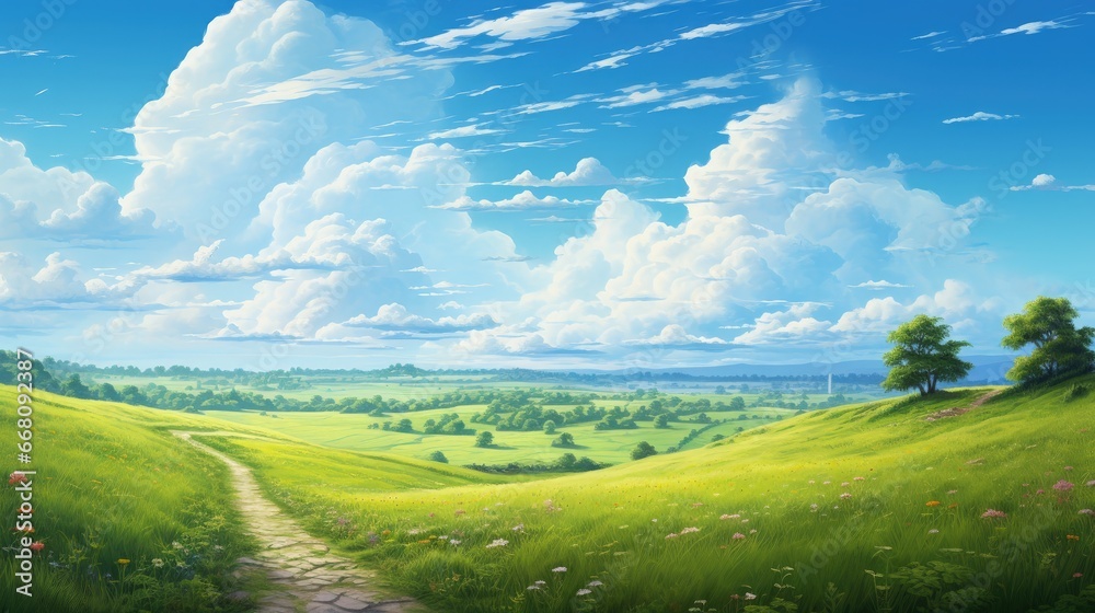Summer scene with grass road and clouds