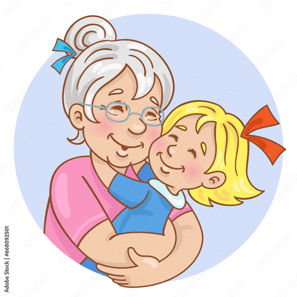Happy family. Cute grandmother hugging her little granddaughter. Avatar icon in cartoon style. Isolated on white background. Vector flat illustration Happy family. Cute grandmother hugging her little granddaughter. Avatar icon in cartoon style. Isolated on white background. Vector flat illustration