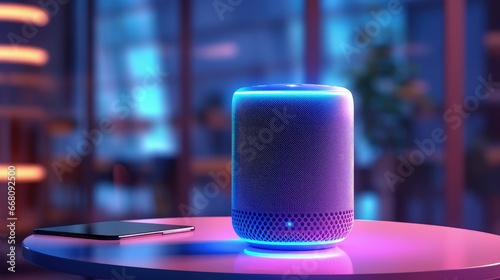 Voice controlled smart speaker on the table executing commands to control the Internet of things