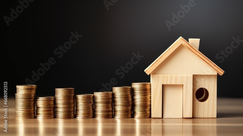 Small house on wooden block with rising red percentage and pile of coins