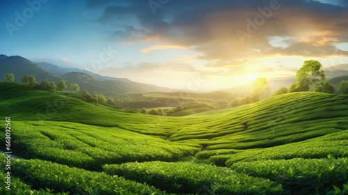Sunrise at a green tea plan...