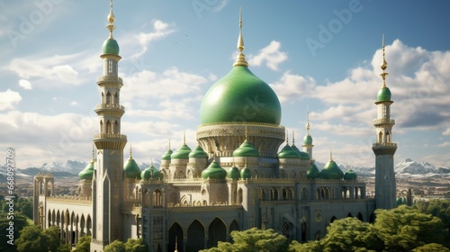 The mosque s upper section has lovely green domes and a minaret photo