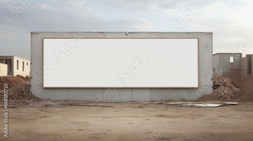 White information banner on wall of unfinished construction site outside