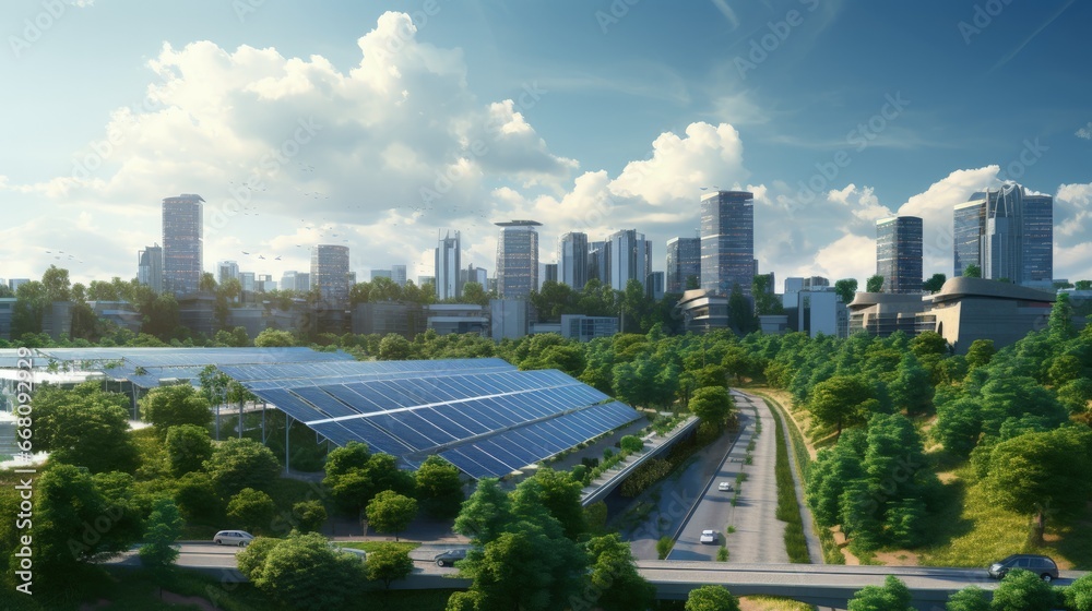 Urban solar panel factory with eco friendly city landmarks - obrazy, fototapety, plakaty 