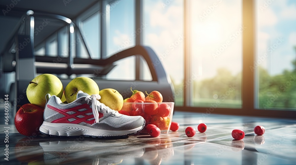 The idea of a healthy lifestyle clean nutritious food exercise with gym equipment and fitness center with weight scale and sports shoes - obrazy, fototapety, plakaty 