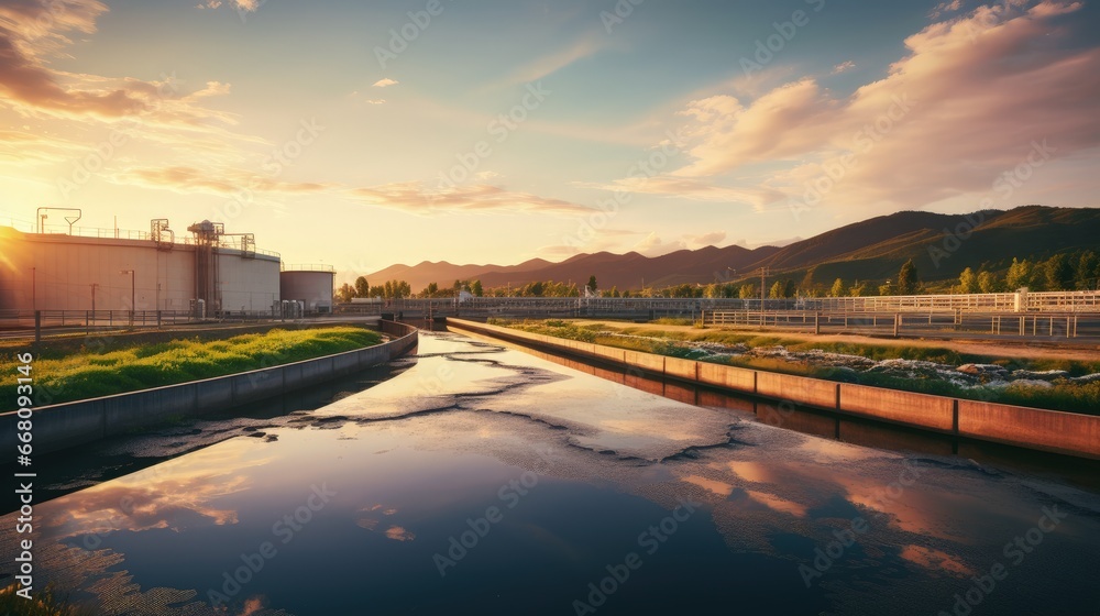 Sunset at wastewater treatment plant with tanks for aerating and cleaning sewage