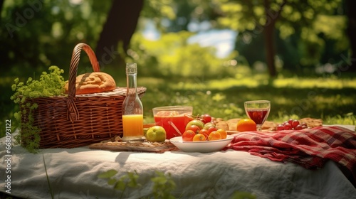 Summer picnic with wicker basket food juice on park blanket