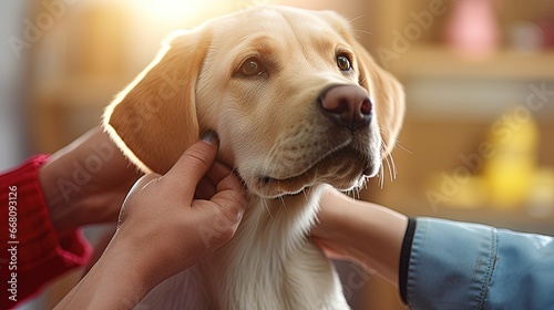 Yellow Labrador or golden retriever with red collar getting ears cleaned at vet visit for dog s healthcare and skin allergies