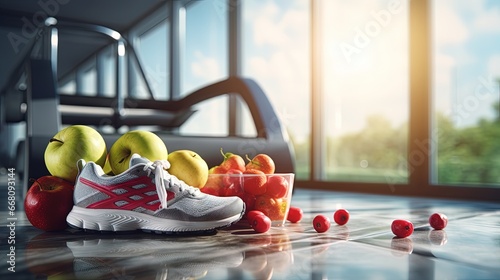 The idea of a healthy lifestyle clean nutritious food exercise with gym equipment and fitness center with weight scale and sports shoes