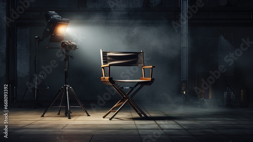 Photo studio lights illuminate a black director s chair on a white backdrop