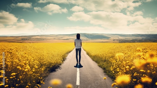 Vintage toned Instagram filtered picture of a deserted road and yellow flowery field photo