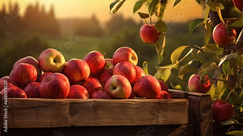 Sunset table with wooden crate of apples autumn harvest idea