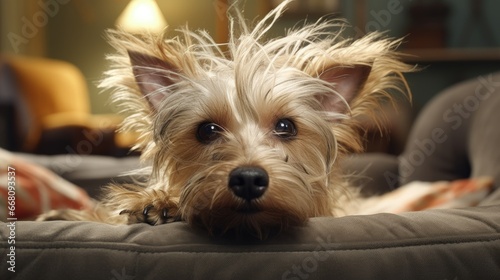 Terrier dog rests on sofa grooming and making eye contact with camera amid hair