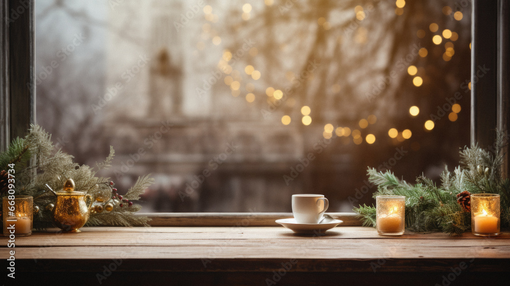 Coffee cup with christmas decoration on wooden table in front of window.