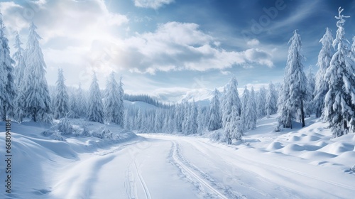 Scenic winter road through mountain forest Gorgeous snow landscape © vxnaghiyev